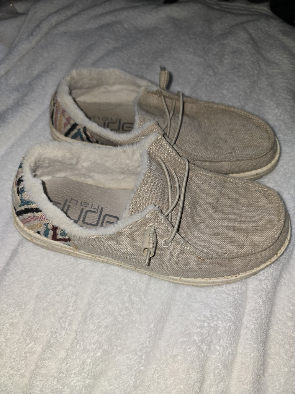 Hey Dude Beige Canvas Slip-On with Patterned Heel Accent Size 8